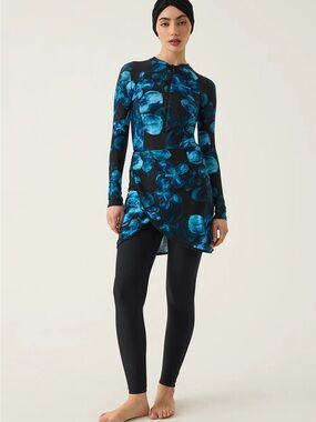 Long Sleeve Floral Modest Three-Piece Swimsuit Burkini in Blue